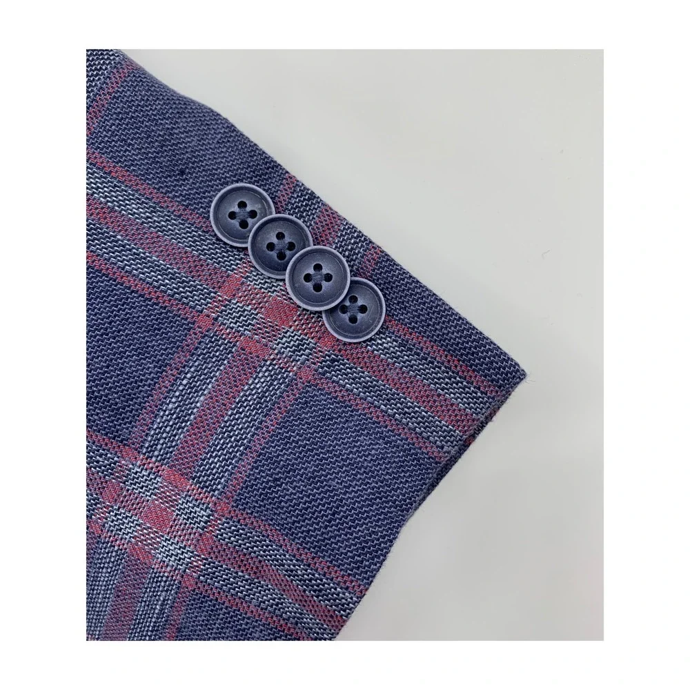Tommy Hilfiger Blazer Mens 46R Blue Red Plaid 100% Linen Two Button Sport Coat